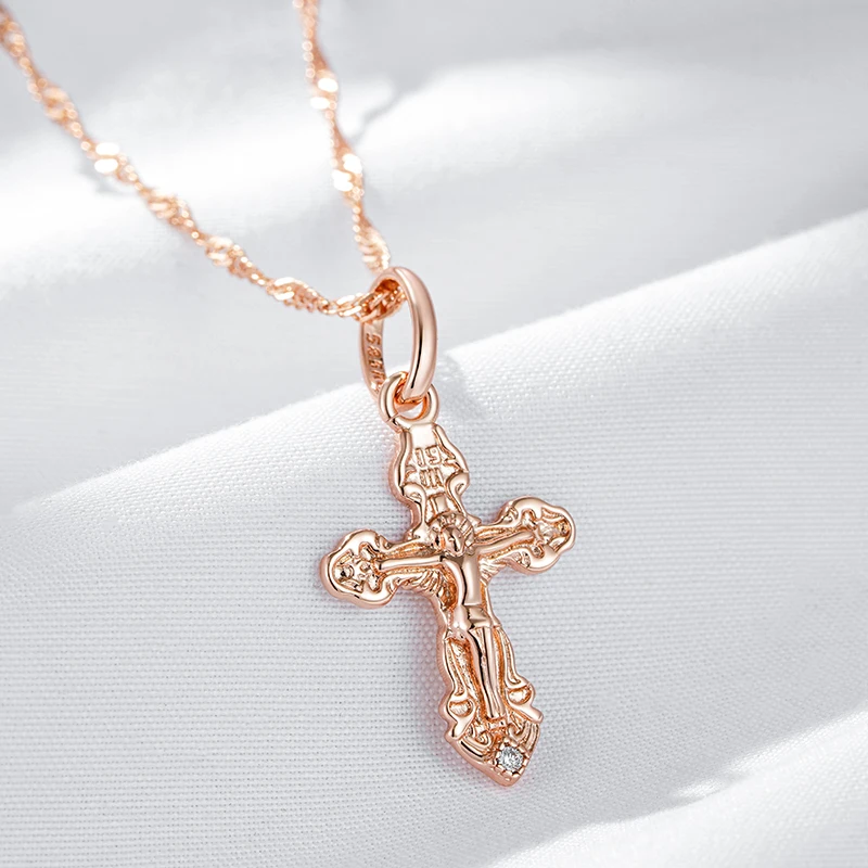 Kinel Luxury 585 Rose Gold Color Natural Zircon Cross Pendant Necklace For Women Orthodox Church Jesus Charm Daily Fine Jewelry