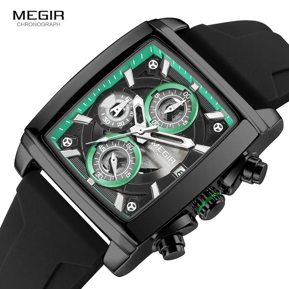 MEGIR Black Silicone Strap Quartz Watch for Men Rectangle Dial Waterproof Chronograph Sport Wristwatch with Luminous Hands Date