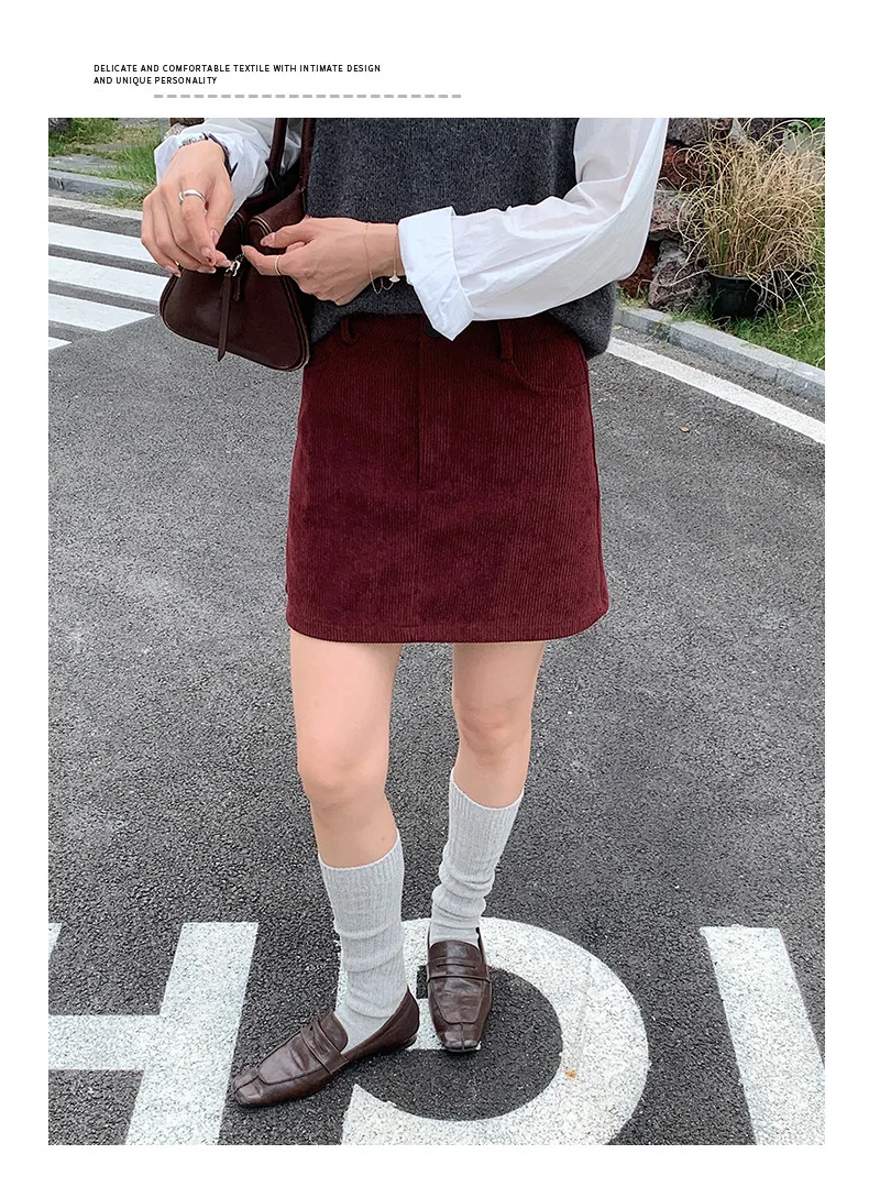 Women's High-Waist A-Line Short Skirt Spring Autumn Retro Brown Corduroy Skirts Woman Solid Color Straight Leg Pencil Skirt Mini