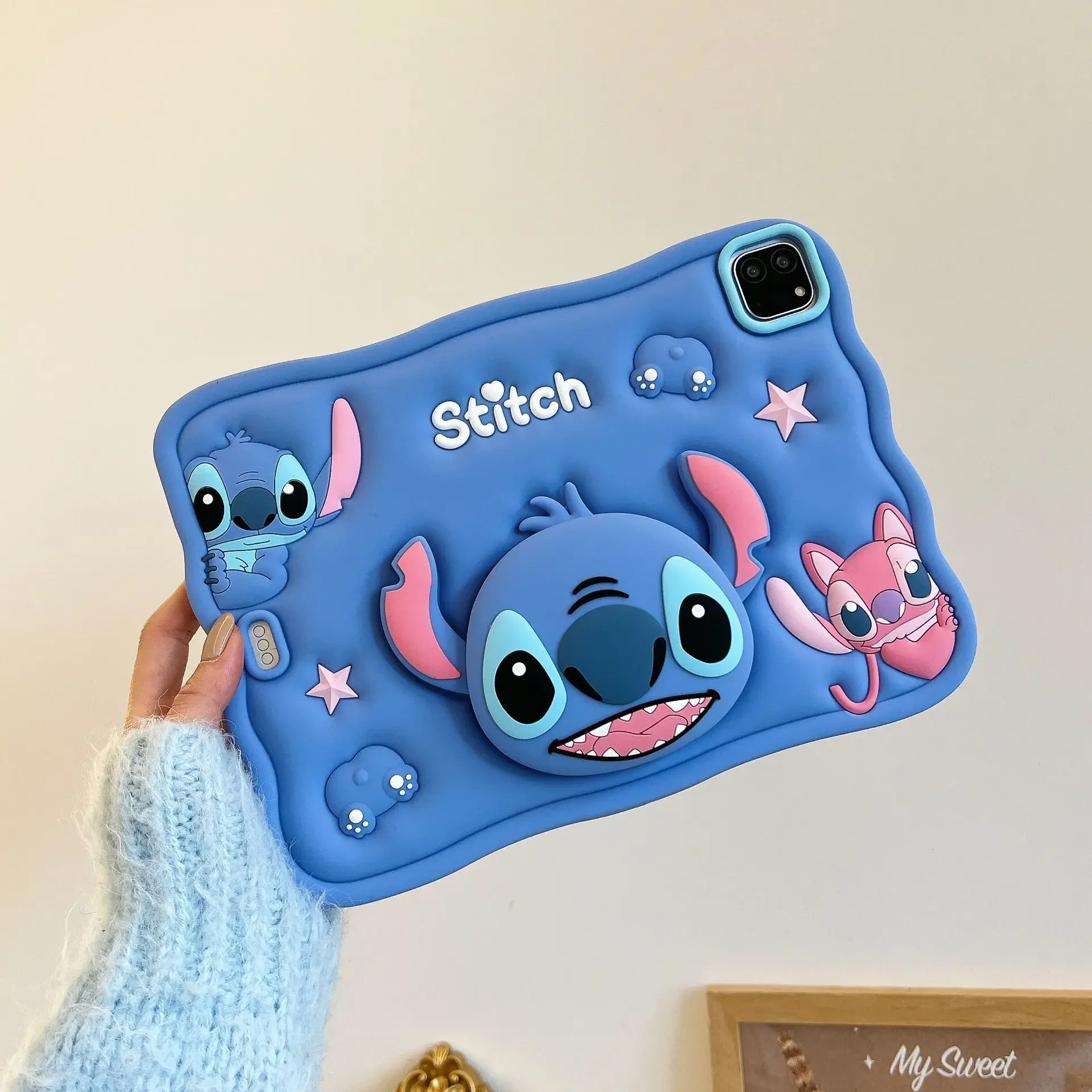 Desenhos animados Stitch Silicone Handle Stand Capa, Capa iPad Air 456, iPad Pro 10.5, Mini 4, 5, 6, 10.2 Polegada, 2018, 2017, 9.7