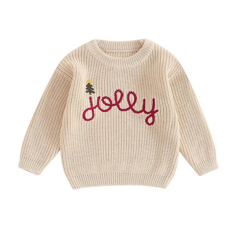 Cathery Toddler Christmas Sweaters Letter Embroidered Long Sleeve Round Neck Ribbed Knitted Pullover