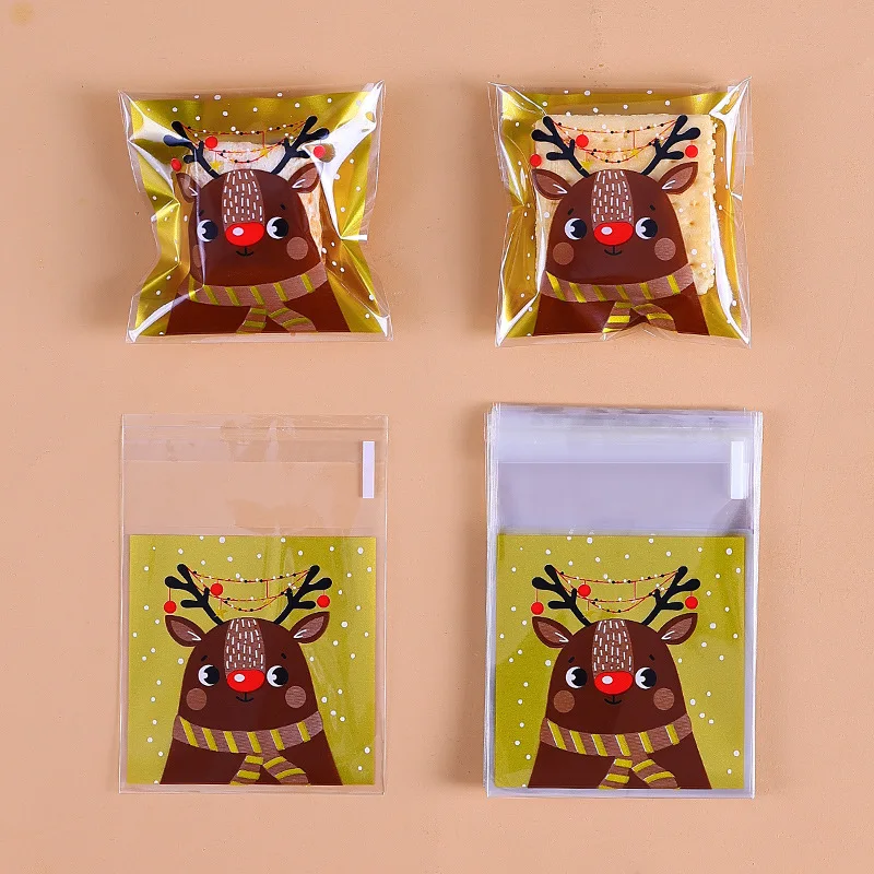 100PCS Christmas Plastic Candy Bags Carton Santa/Snowman/Deer Cookie Bag For Neol DIY Biscuits Snack Baking Packaging Supplies
