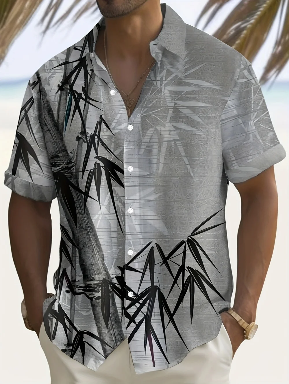 

Men's Summer Short Sleeve Hawaiian Shirt Abstract Retro Bamboo Print Lapel Casual Comfort High Quality Vacation Men's Clothing