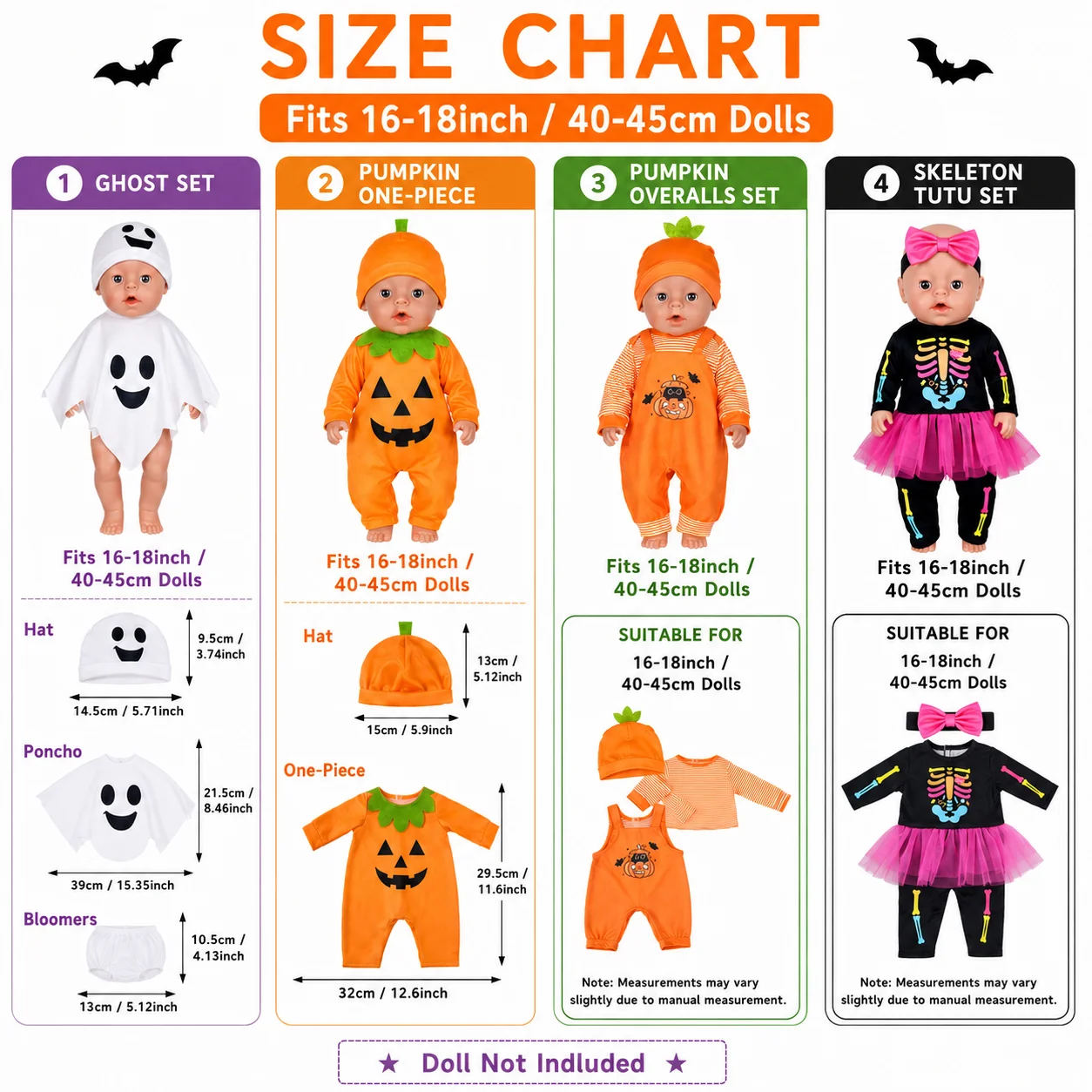 Halloween Puppenkleidung für Reborn Puppe 40-45cm 16-18 Zoll, Kürbis Geist Skelett Kostüm, Outfit für American Girl Puppe Puppenzubehör Set Geschenk – Detail 8