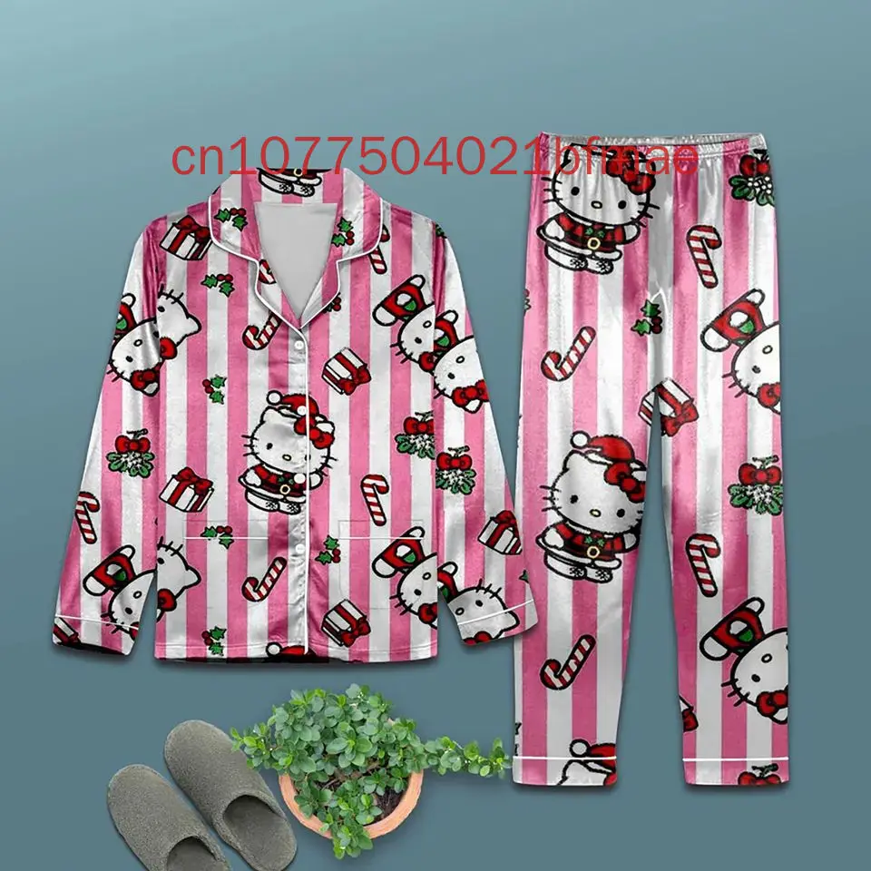 2024 New Hello Kitty Pajamas Set Spring and Summer New Disney Women's Casual Shirt Long Sleeved Pajamas