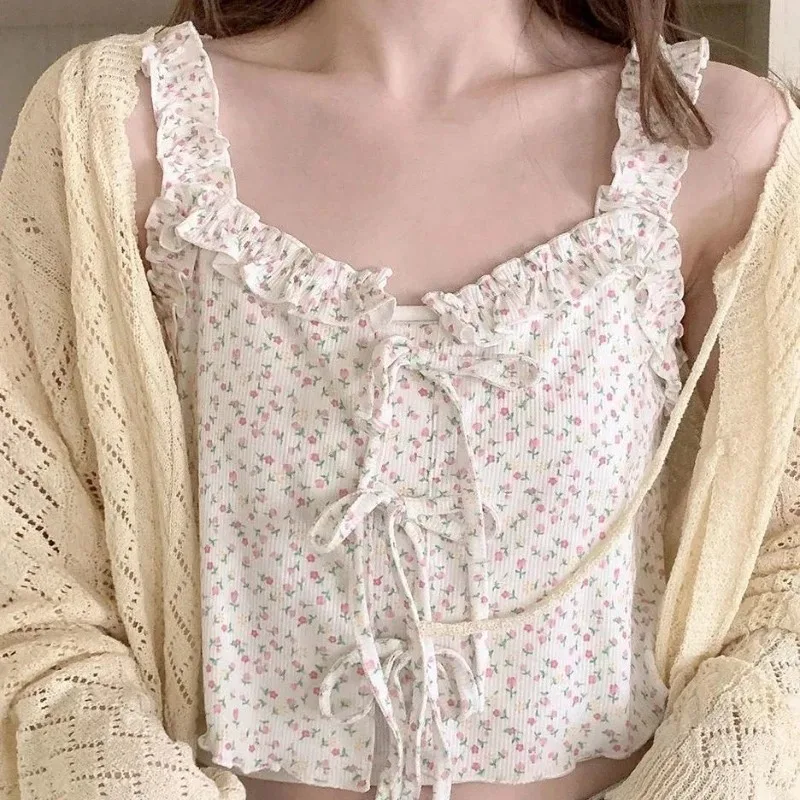 Fashion Floral Tanks Women's Clothing Preppy Style Sweet Loose Vest Crop Tops 2026 Ropa Mujer Bandage Bow Ruffles Summer Tees