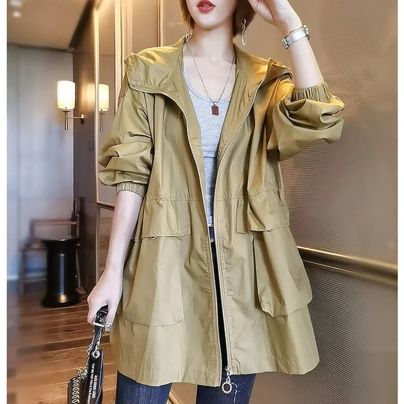 

2024 New Spring and Autumn Fashion Trend Simple Commuting Loose Relaxed Solid Oversize Versatile Women's Hooded Windbreaker Coat