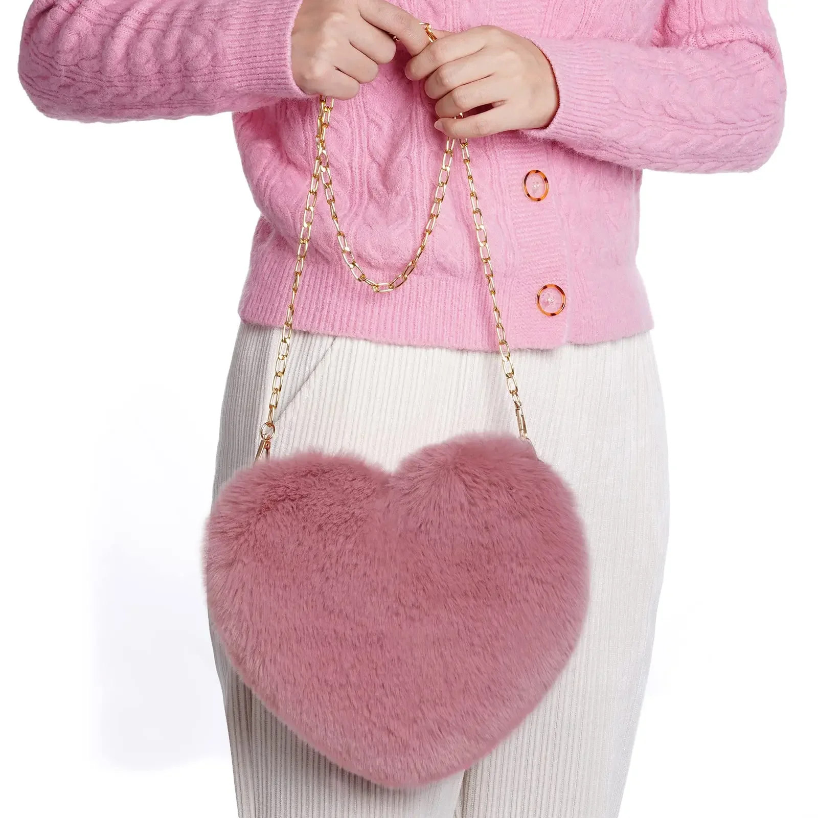 Heart Shaped Faux Fur Purse Fluffy Crossbody Bag Chain Shoulder Bag Cute Clutch Halloween Valentine\'s Gift Women Girls