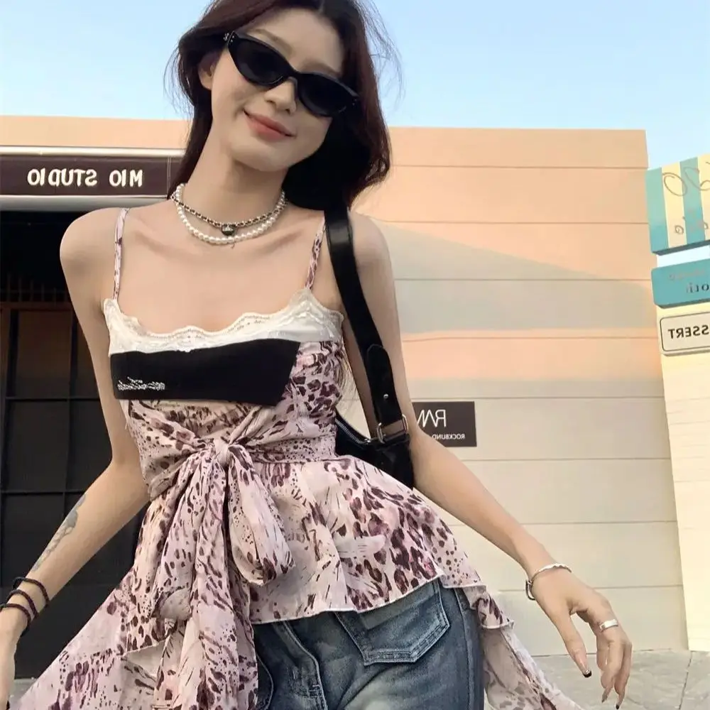 Pure Style Red Plaid Vest Suspender Women Spring Summer New Style Spliced ​​Lace V-Neck Sexy Halter Neck Top