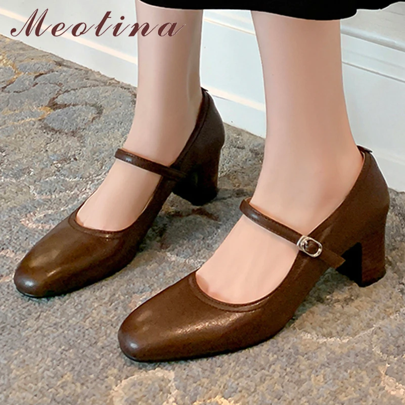 

Meotina Women Genuine Leather Mary Janes Round Toe Block High Heels Shallow Buckle Pumps Ladies Fashion Shoes Spring Summer