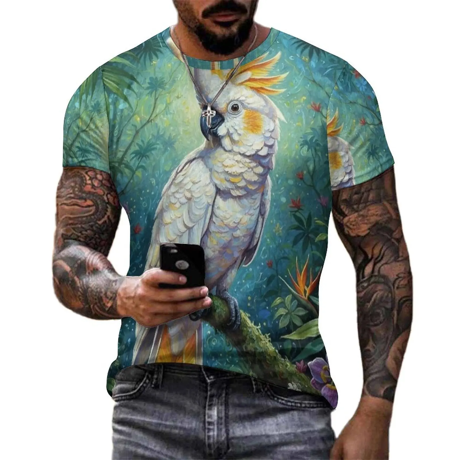 Tropical Cockatoo Art Print T Shirt Hip Hop T Shirts Short-Sleeved Custom Tshirt Dropshipping Summer Casual Plus Size Top Tees