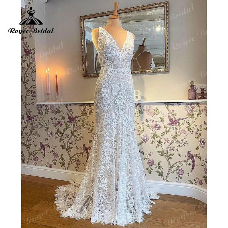 2022 Vestidos syrenka Tank Lace Boho weselny strój bez pleców V Neck bez rękawów trąbka suknia ślubna plaża trajes de novias largos