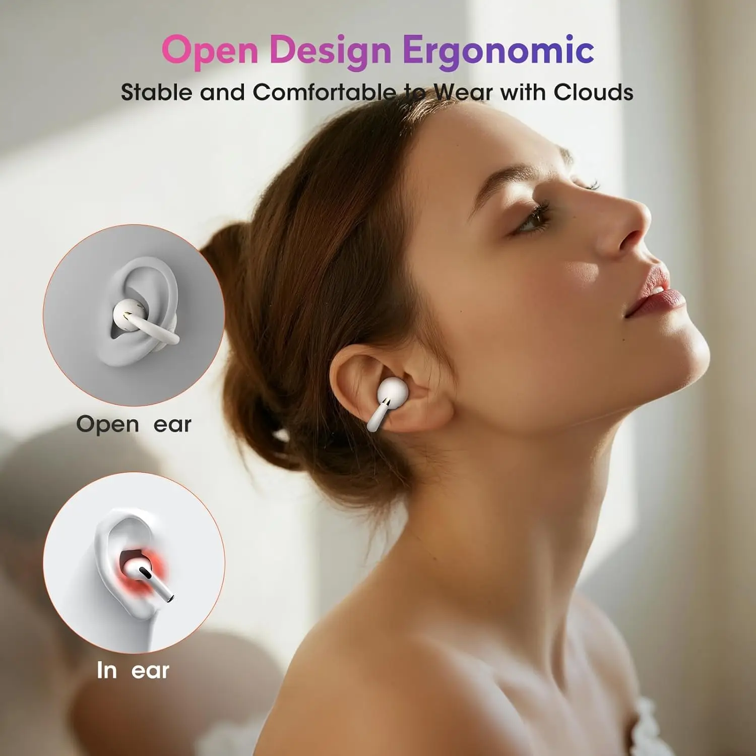 سماعات أذن Ohayo A7 مفتوحة الأذن بمشبك على سماعة رأس لاسلكية مع صوت عالي الدقة ومكالمات واضحة AI بتصميم حلقة مفتوحة مقاومة للماء