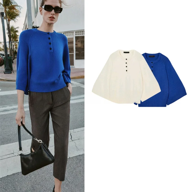 

Spring New Arrival Women's Lazy Style Loose Fit round Neck Flat Needle Seven Sleeve Knitwear Casual Comfortable Polyester Fiber