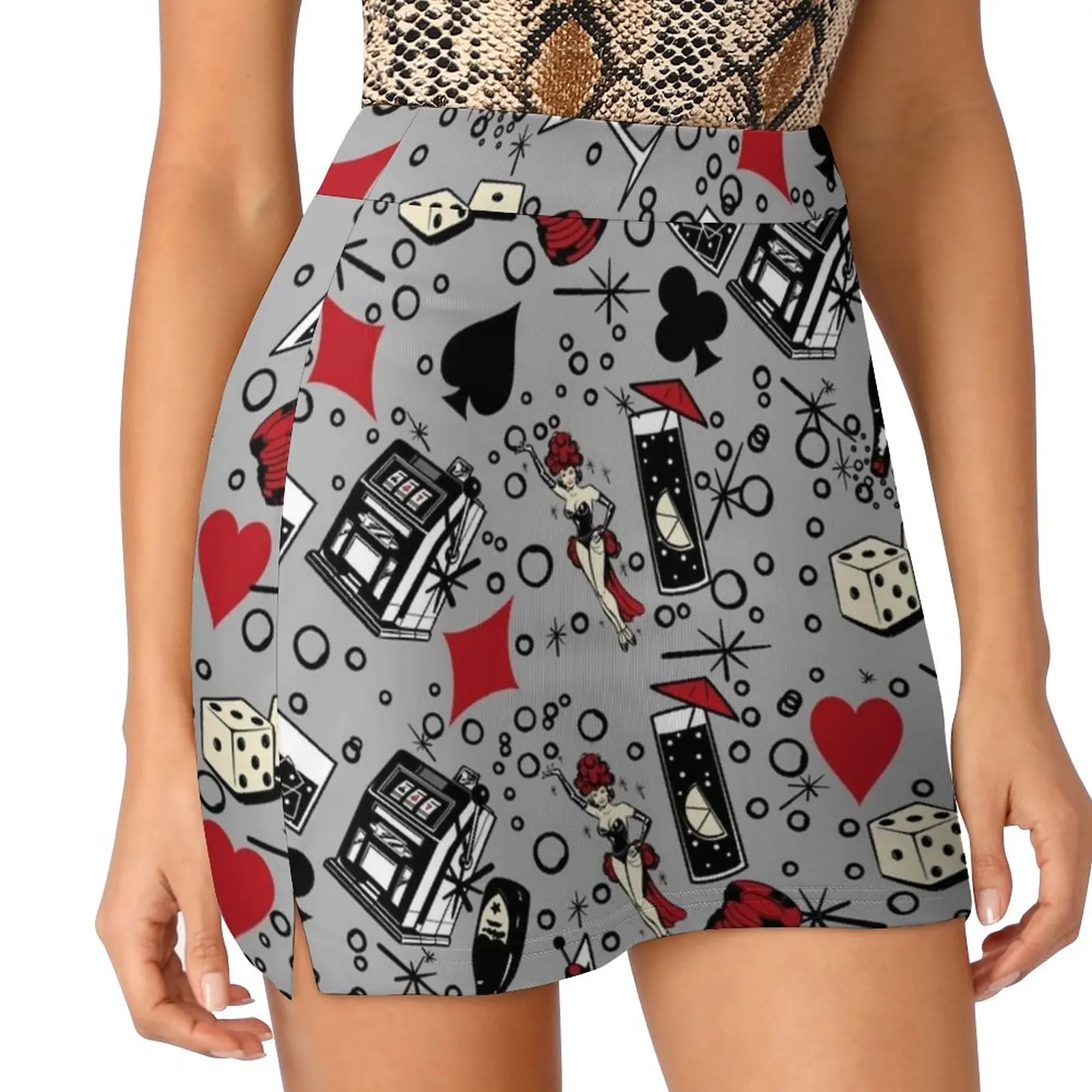 Viva Vegas Retro Casino Print-Red , Black And Gray Women's skirt Mini Skirts A Line Skirt With Hide Pocket Las Vegas Retro