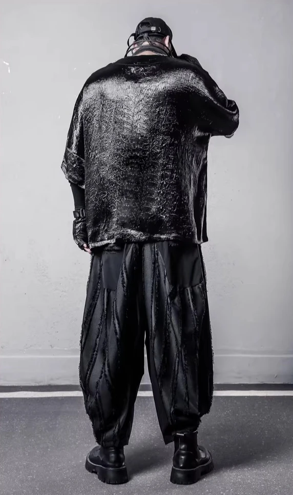 2026 Summer New Men's Dark Street Style Thin Loose Casual Dark Texture Round Neck 3/4 Batwing Sleeve Draped T-Shirt