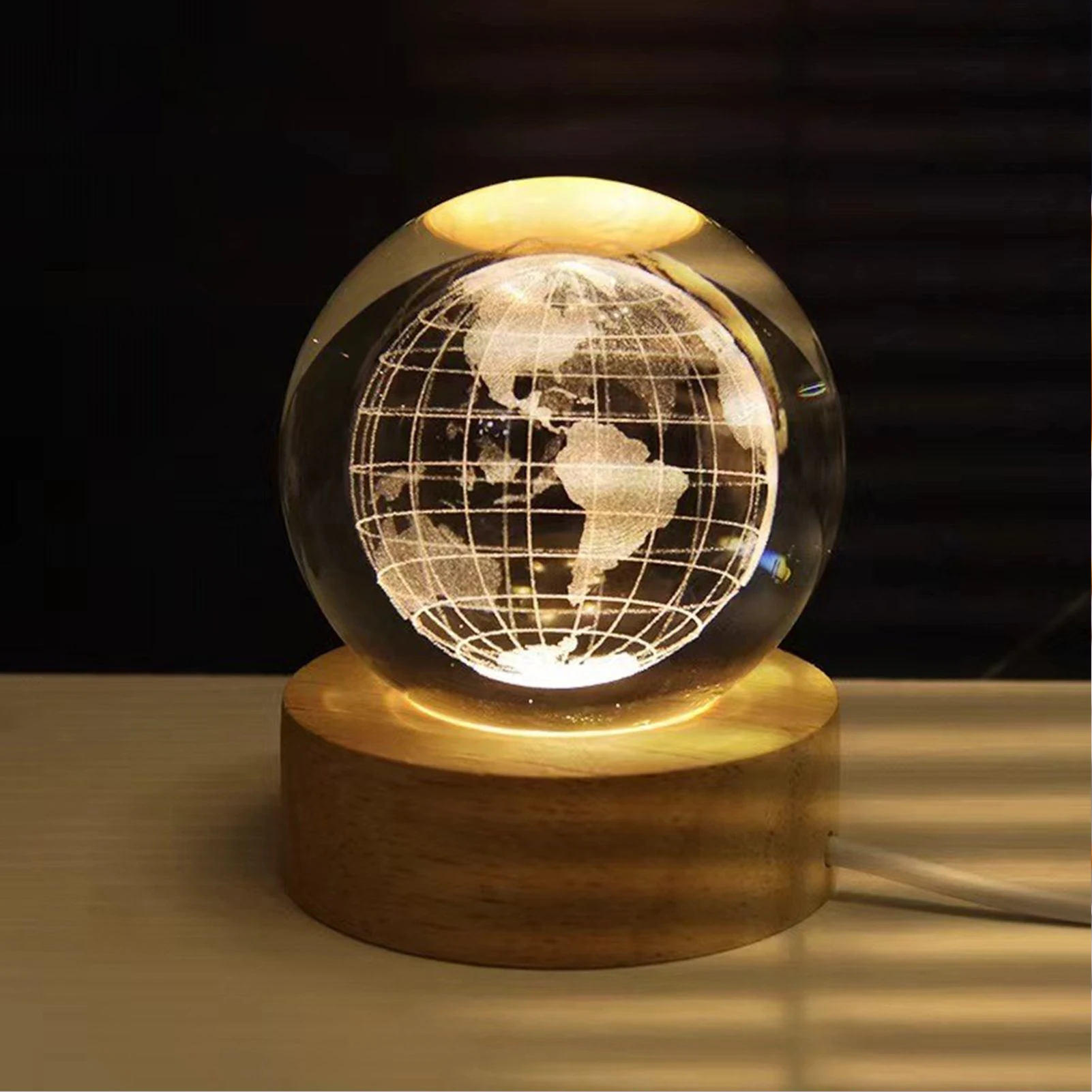 

ZK50 3D Crystal Ball Night Light Inner Carved Luminous Glass Ball Ornament with Wooden Base for Home Decor