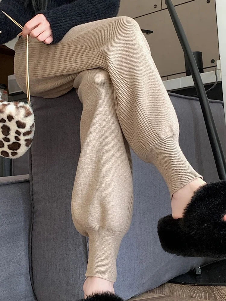 Pantaloni Harlan lavorati a maglia Thiened da donna a vita alta autunno inverno dolce Sle Bell Bot pantaloni casual in fibra di poliestere