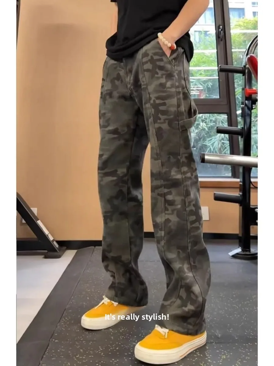 

Retro American Camouflage Jeans Men's Spring Straight Leg Workwear Pants Loose Fit Youthful Casual Cotton Polyester Blend