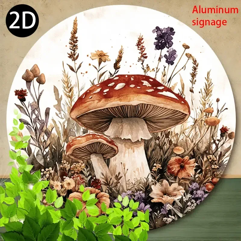 1pc 2D Flat Round Metal Tin Sign 20x20 Inch Watercolor Wild Mushroom Floral Pattern Wall Art Farmhouse Decor
