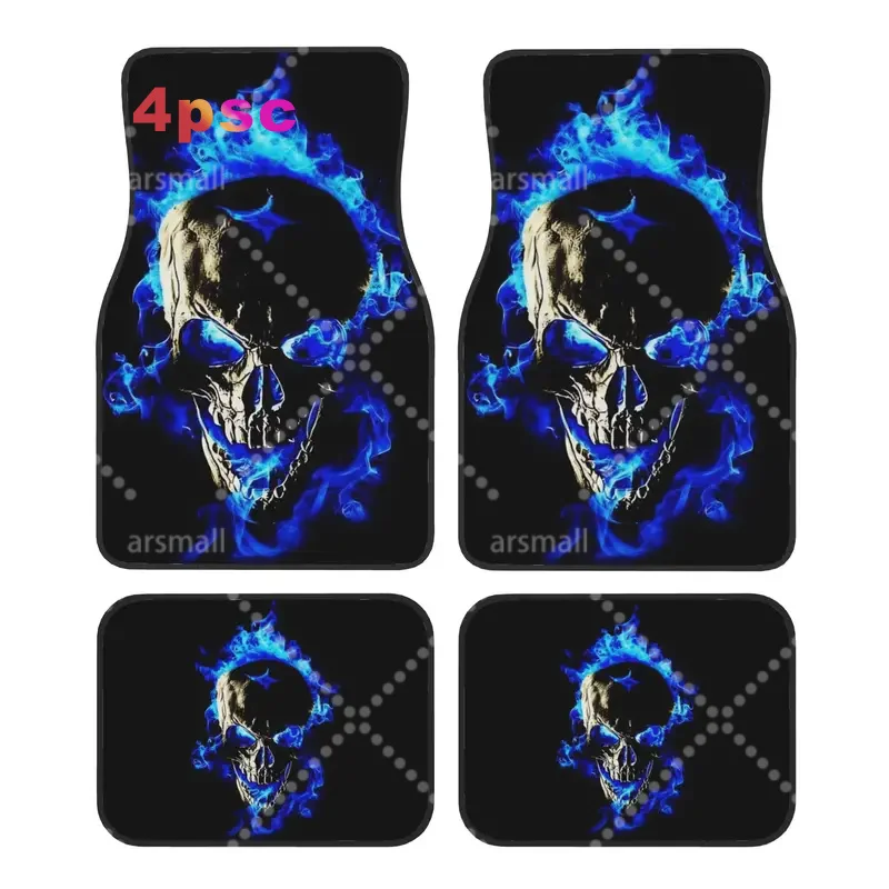 Crystal Velvet Car Floor Mats 4 Pcs Non-Slip Carpets Rugs Schadel In Blauen Flammen Universal Car Front Rear Carpets Foot Mats