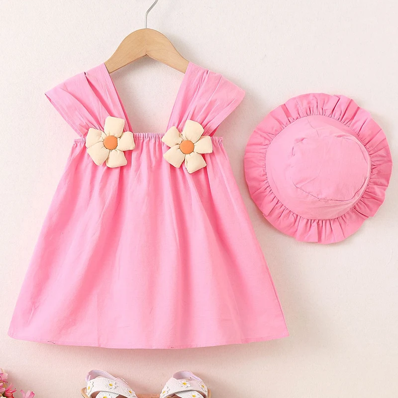 

Summer Dresses Infant Girl Clothes Korean Cute Flower Sleeveless Cotton Princess Dress+Sunhat Baby Items Newborn Outfit BC1592