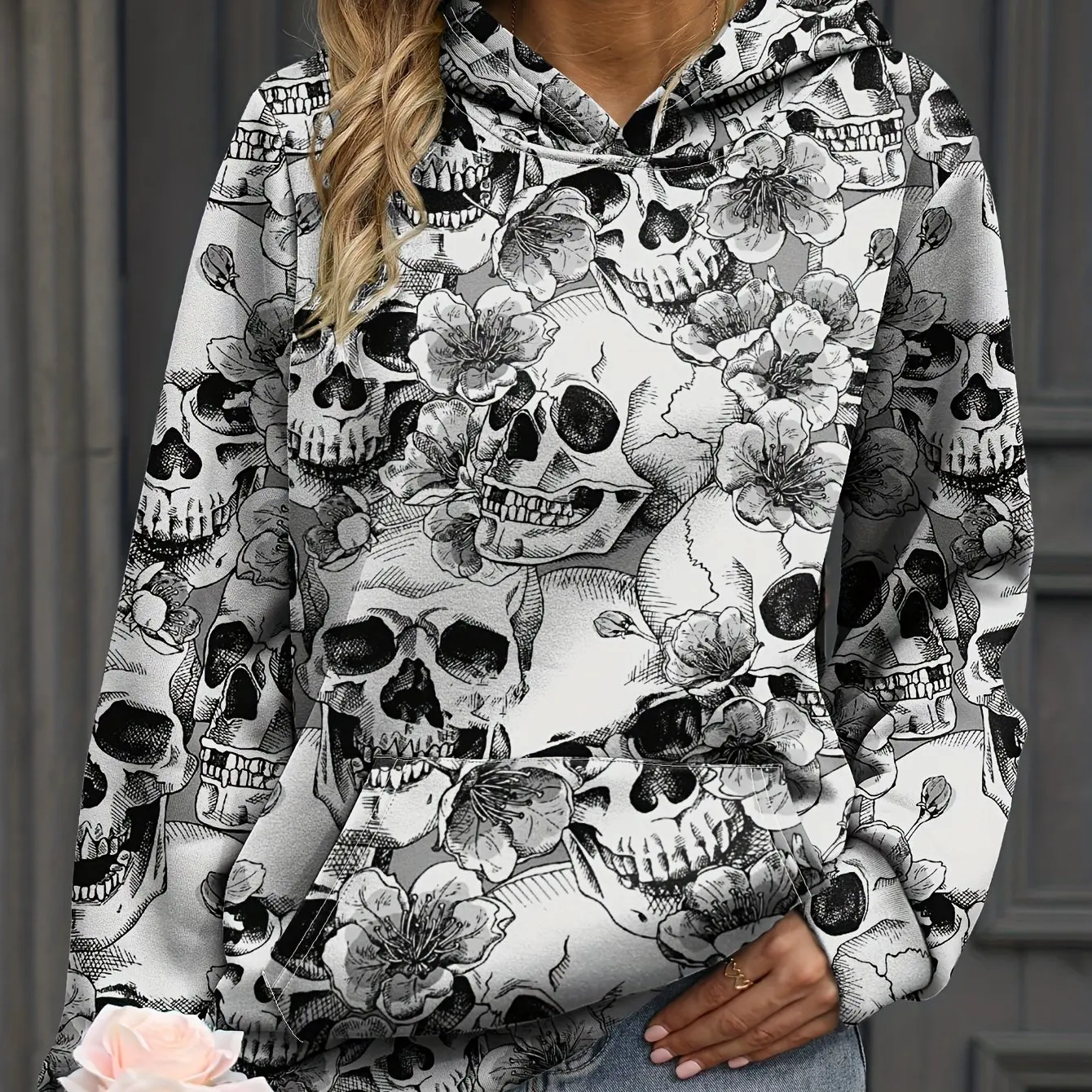 Czaszka kwiatowy wzór 3D bluzy z kapturem z nadrukiem moda damska bluzy z kapturem Streetwear swetry dresy w stylu Harajuku odzież damska — zdjęcie 3