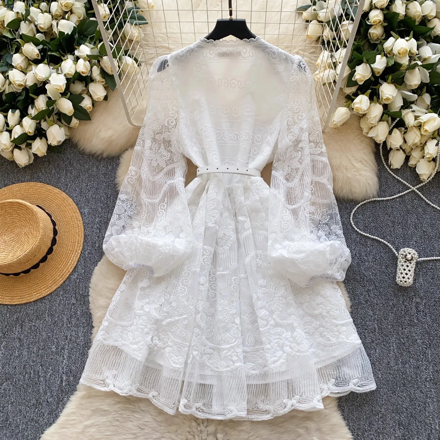 Luxury Women French White Lace Dress 2025 Summer Embroidery Flower Mesh Stitching Pearl Buttons Belt Mini Party Vestidos - Image 2