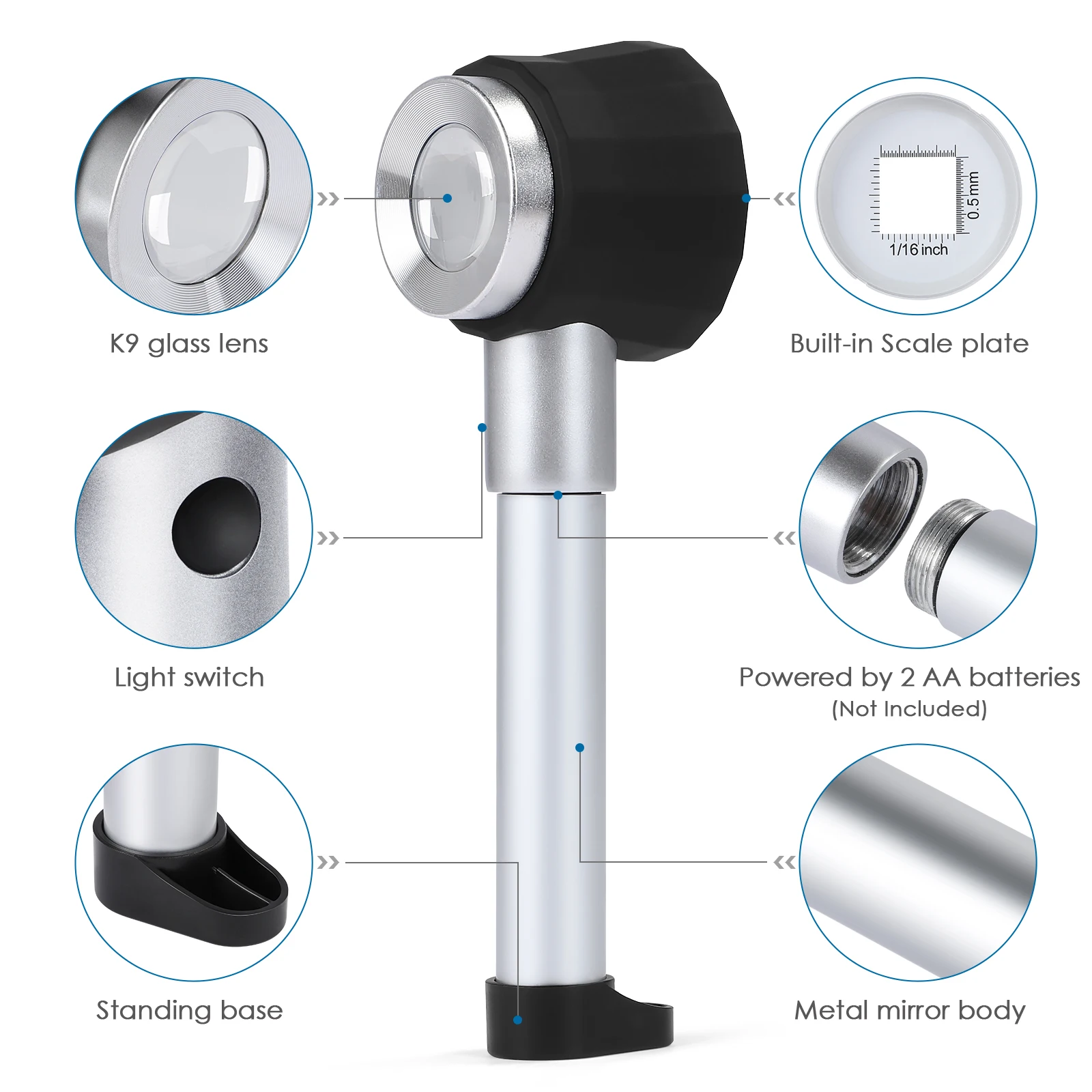 Handheld 10X Magnifier Loupe LED Optical Glass Magnifying Glass With Light Scale Magnifying  Jewelry Loupes With Measure Scale