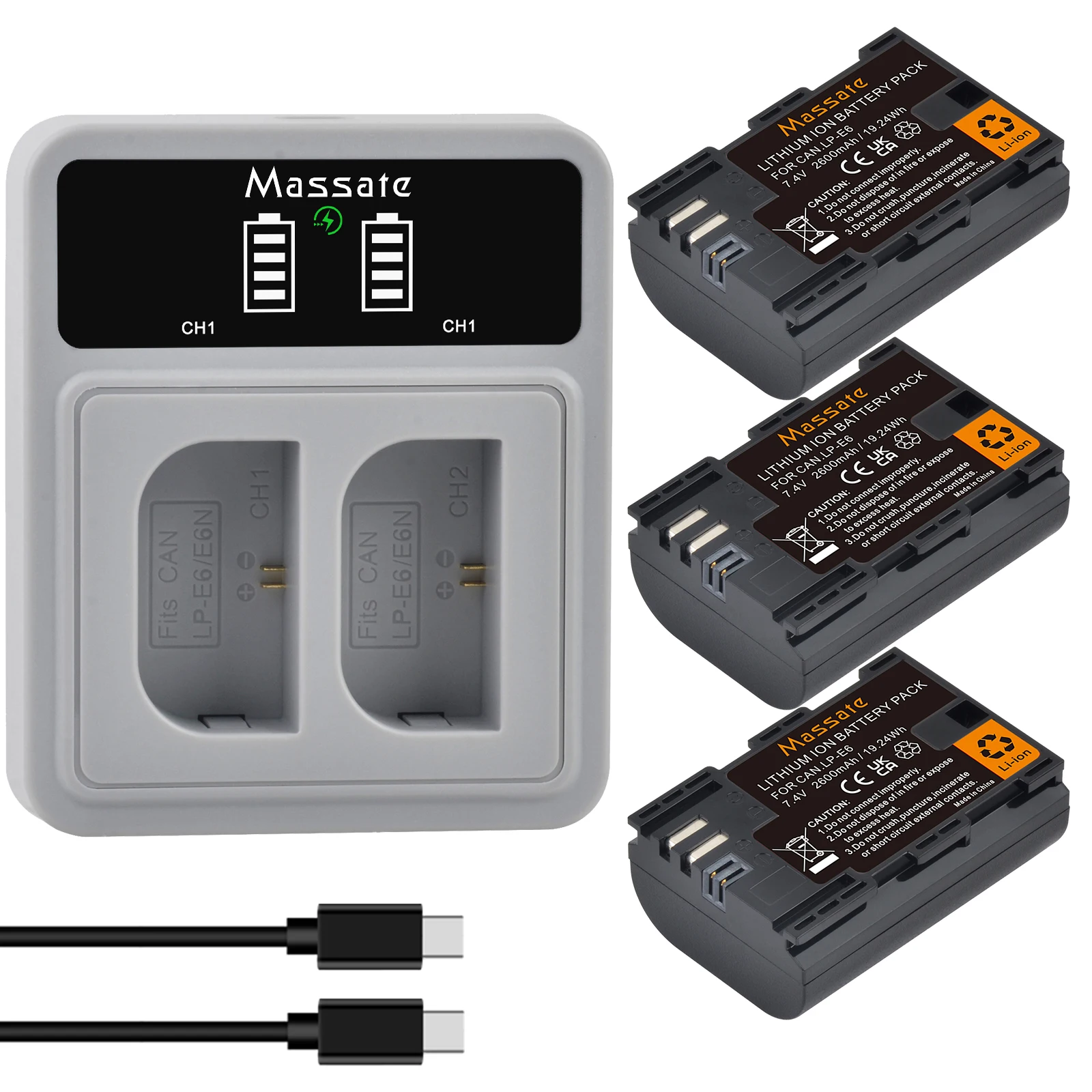 

Massate 2600mA LP-E6 LPE6 LP E6 Battery +Dual USB Charger for Canon EOS 6D 7D 80D 90D EOS 5DS R 5D Mark II 5D Mark III Cameras