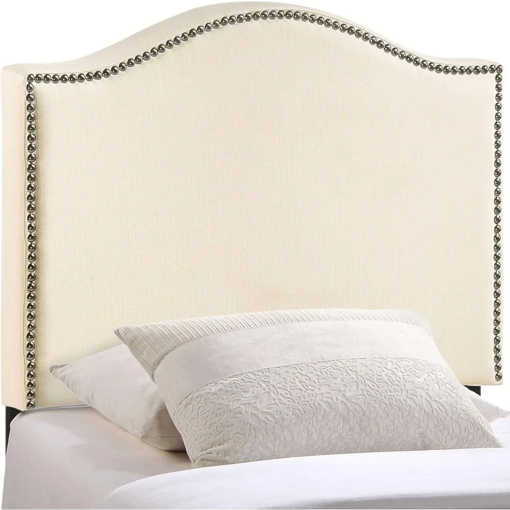 

Curl Linen Fabric Upholstered Twin Headboard with Nailhead Trim and Curved Shape in Ivory