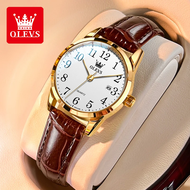OLEVS 5566 Women Watch Original Watch Arabic Numerals Quartz Watch Waterproof Luminous Leather Strap Date Watch Bracelet Set