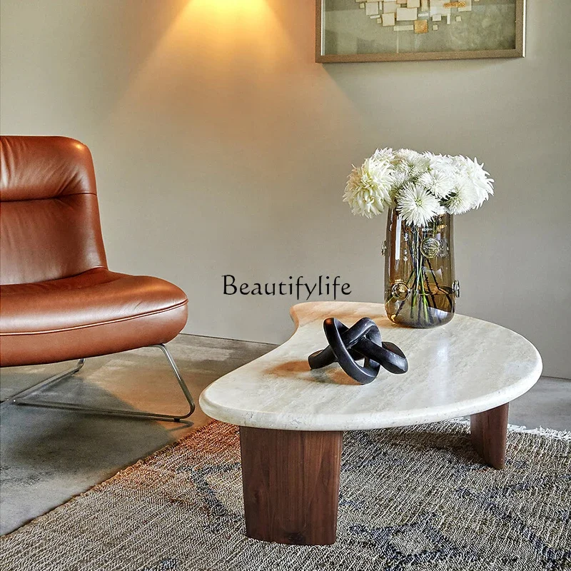 

Solid wood travertine coffee living room Nordic marble wabi-sabi wind special-shaped coffee table