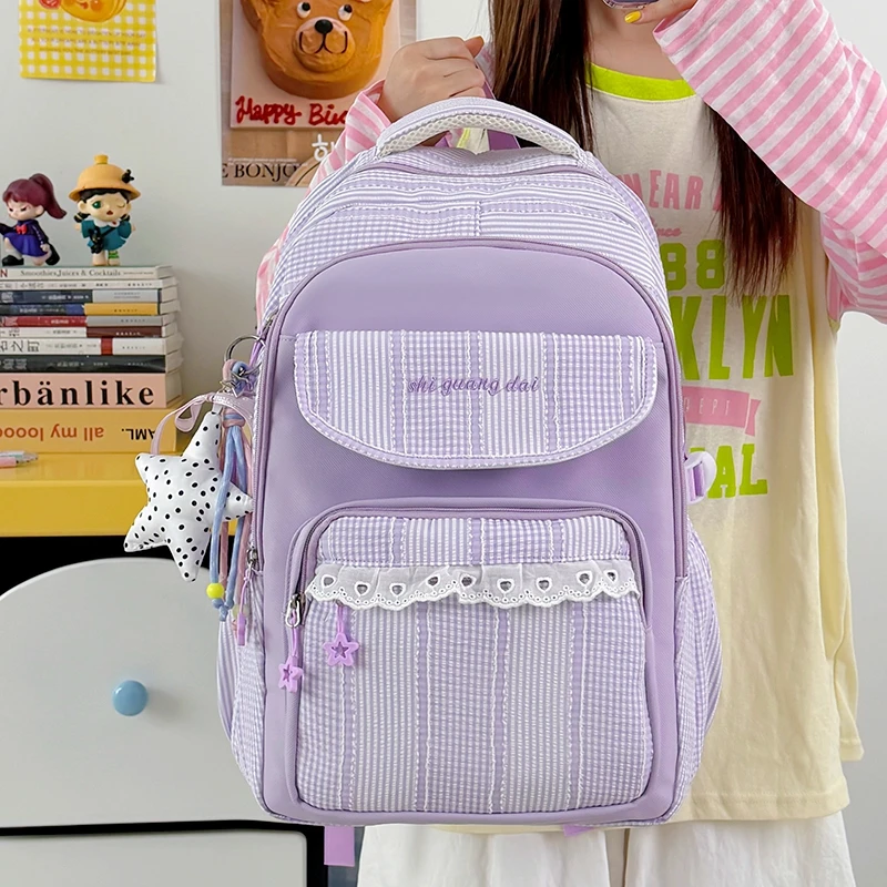 Teen Girls Striped Spliced Backpack 2026 New Trend Fashion Large Capacity Cute Casual School Travel Daily Daypack Back Packs