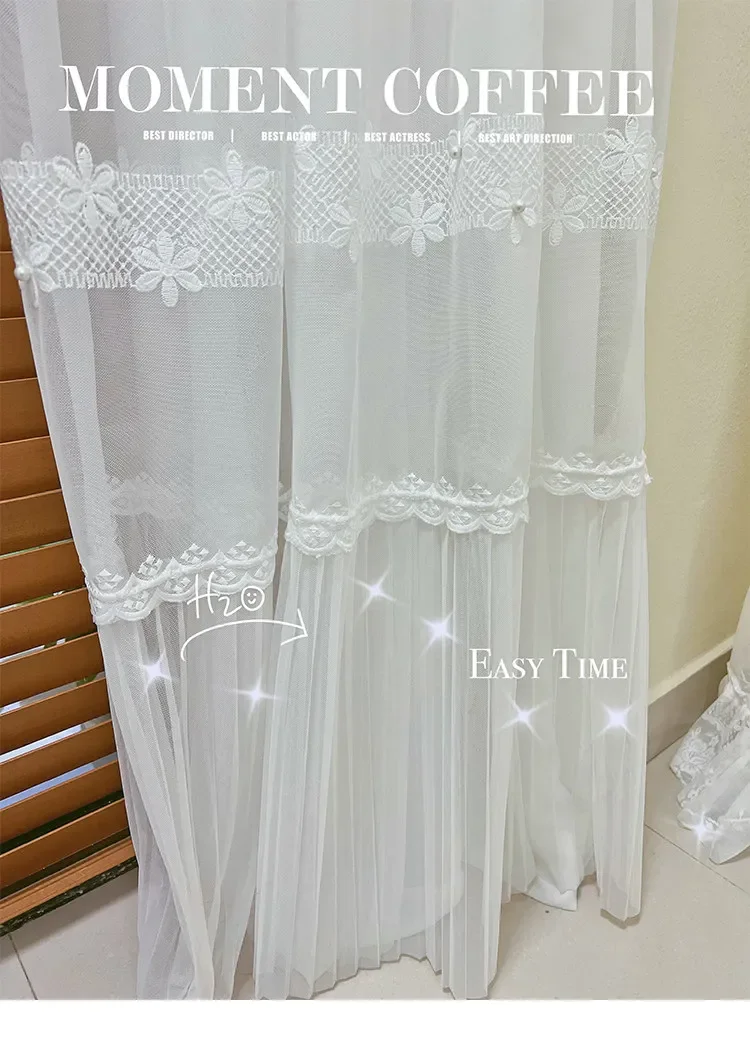 Small Lace Pearl Fresh Decorative Embroidery Yarn Pleated Yarn Flowers Korean Style Curtains for Living Dining Room Bedroom