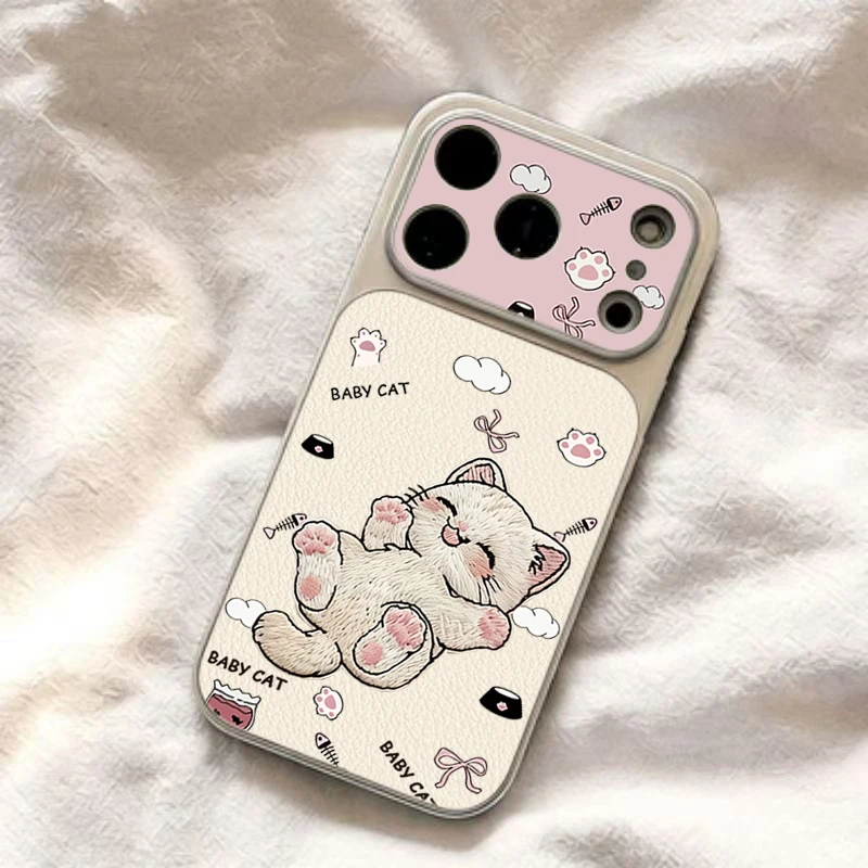 Funda para iPhone 17 Cases iPhone 16 Pro Max Funda Linda con Gato Bordado para iPhone 15 14 Plus 13 12 11 16E 17E 17 4
