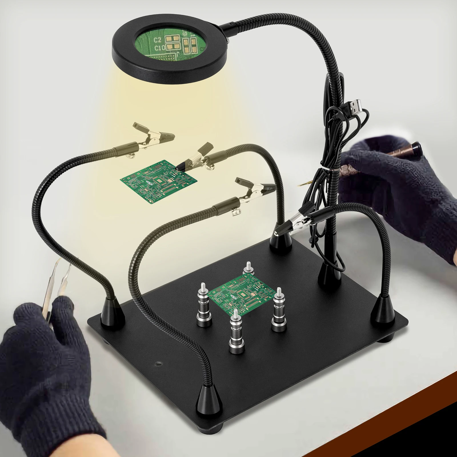 

Helping Hands Soldering Clamp Station, 3X LED Magnifying Glass Lamp with Magnetic PCB Circuit Board Holder Metal Wire Clips Tool