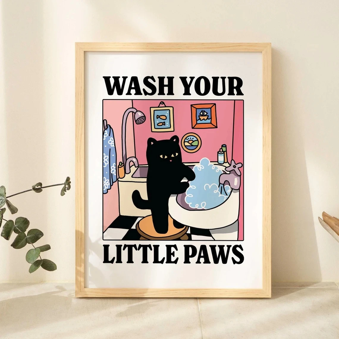 1pc Unframed Wash Your Plttle Paws Bathroom Black Cat Wall Art Prints Canvas Painting Poster Picture For Living Bed Room Home De - view 2