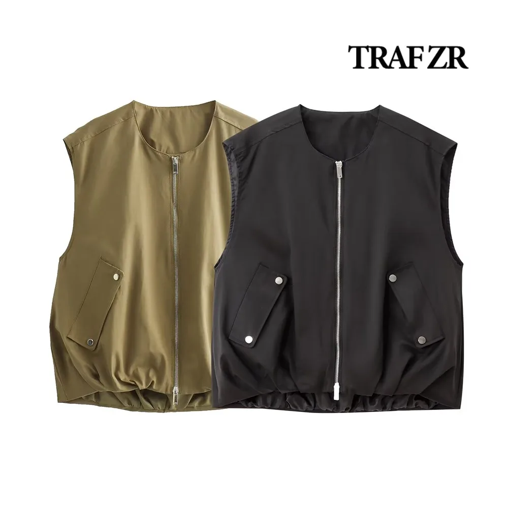 TRAF ZR Fashion New Woman Interior Lining Vest Casual Female Front Zipper Fly Outwear Back Pleats Tank Top Front Flap Pockets