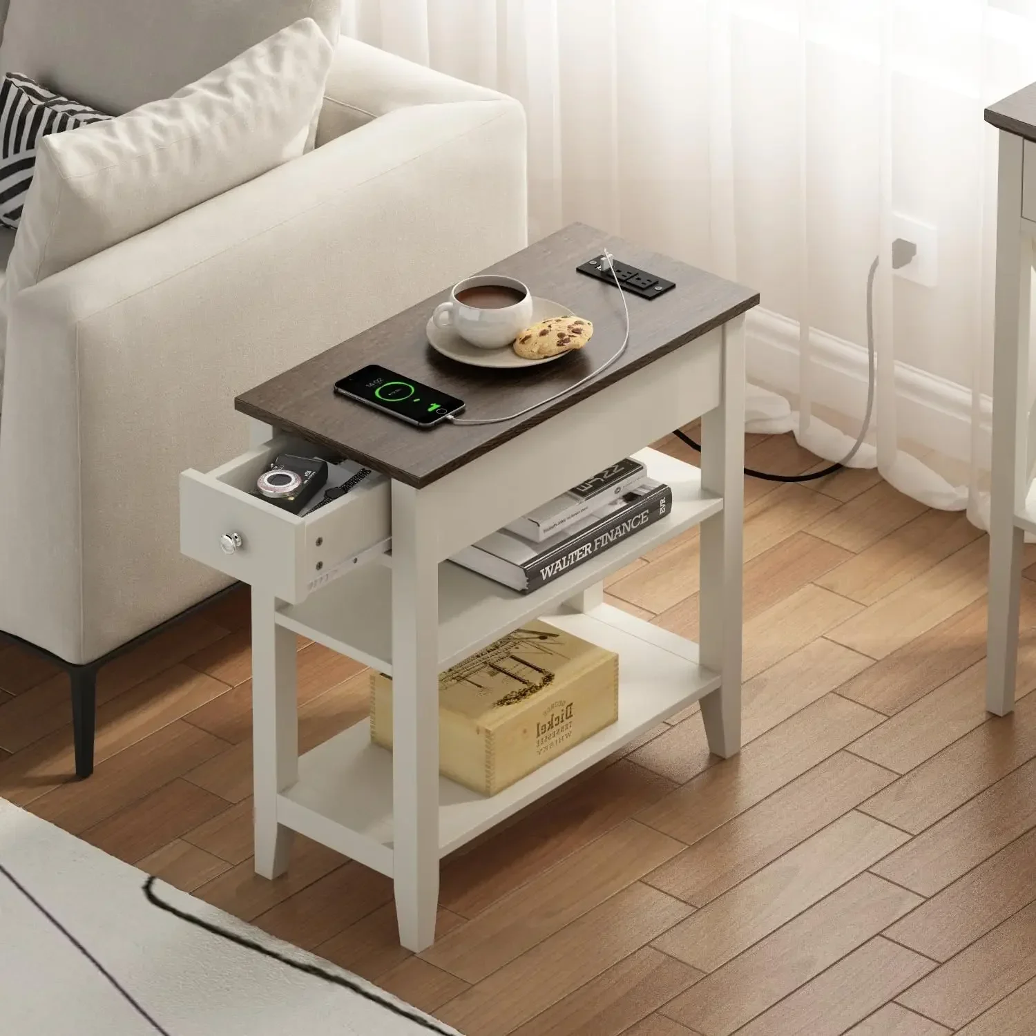 Farmhouse End Table with Charging Station, Narrow Side Table Living Room with USB Ports & Power Outlets and Hidden Drawer