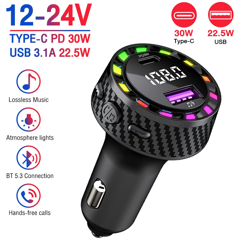 1pc PD 30W Car Charger Fast Charging Bluetooth 5.3 FM Transmitter Voltage Monitor FM Bluetooth Transmitter for IPhone Samsung