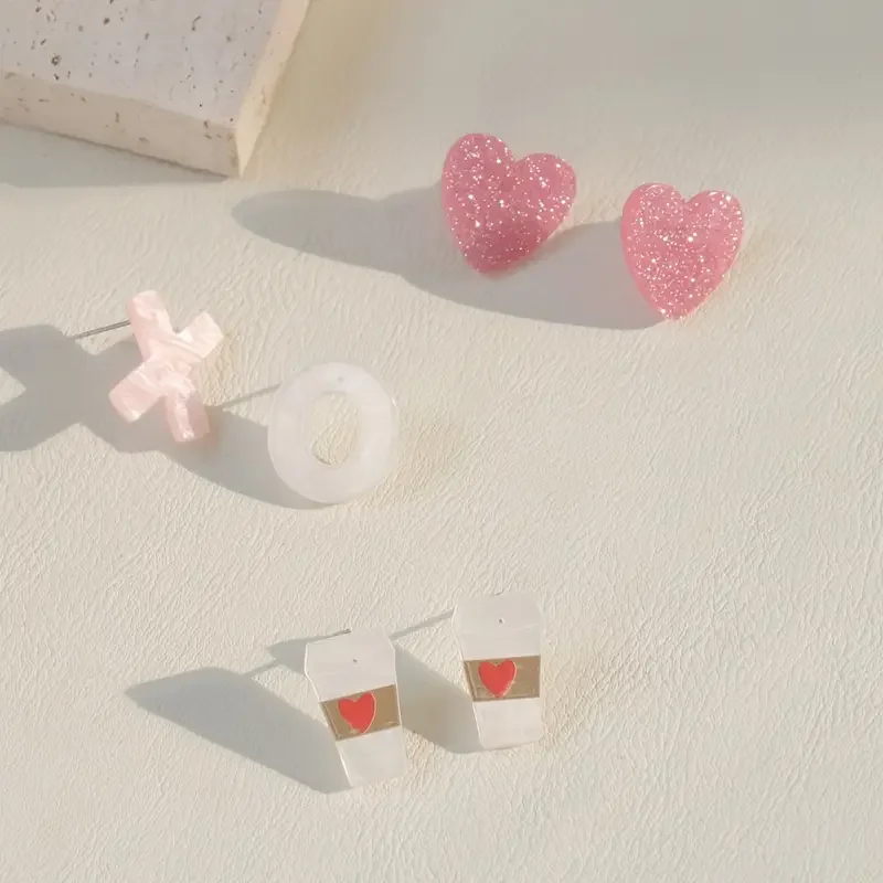 Afbeelding 5: 3-delige vintage schattige acryl oorbellen set, glitter roze hart en XO koffiekopje ontwerpen, roestvrijstalen palen elegante mode Je