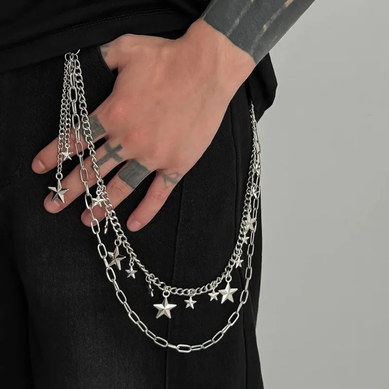 Men's Silver Multi-layer Star Pants Chain, Alloy Punk Goth Hip Hop Waist Chain for Jeans Trousers Streetwear