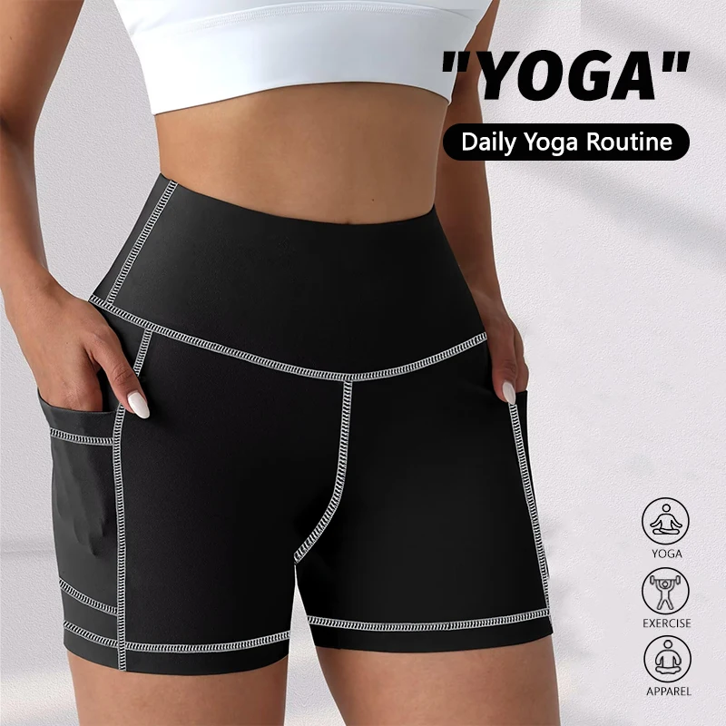 

Женские леггинсы с высокой талией, шорты для йоги с карманами, контрастной строчкой, эффектом подтяжки ягодиц, высокоэластичные шорты для спортзала, фитнеса и бега