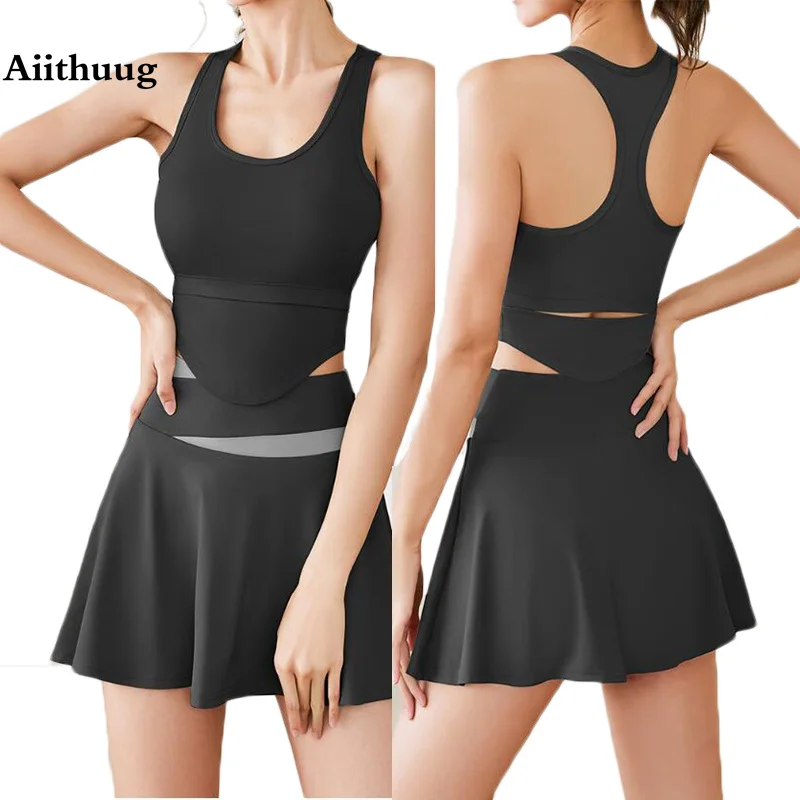 

Aiithuug Build-in Cup Yoga Bra Gym Tennis Skorts Tennis Set Gym Crop Top Active Bra Yoga Set Gym Sets Fitness Workout Set Sports