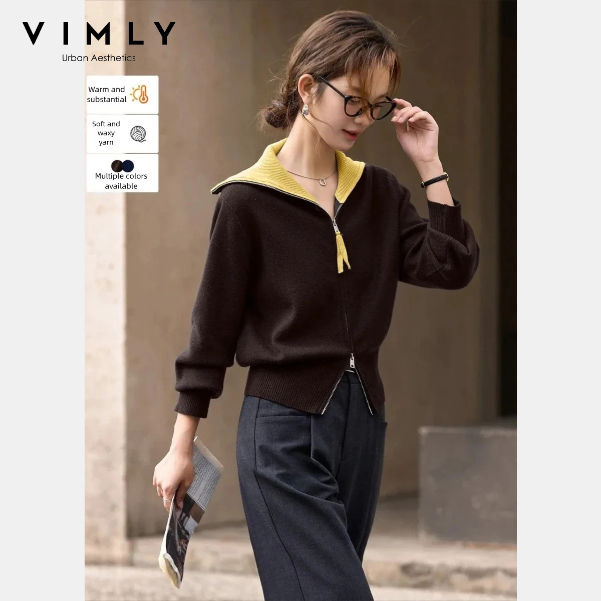 

Женский кардиган VIMLY, зима 202, повседневные контрастные эластичные вязаные пальто с воротником с лацканами, женские топы на двусторонней молнии 30329