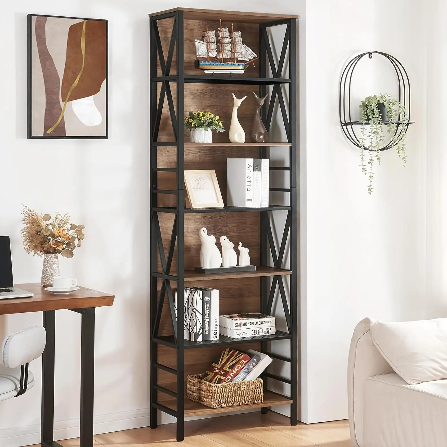 Barang Baru! Rak Buku Tinggi, Rak Buku 7 Tingkat, Rak Buku dan Lemari Buku Kayu Rustic dengan Logam, Model Berdiri Bebas dan Industrial Terbuka B