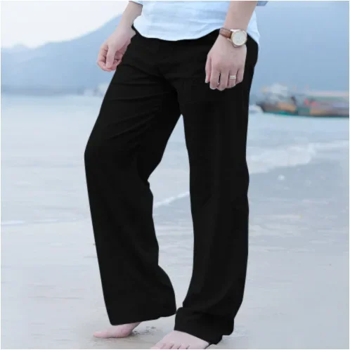 Men Casual Cotton Linen Wed Leg Thai Fisherman Loose Long Pant White Black Solid Color Autumn Summer M-3XL