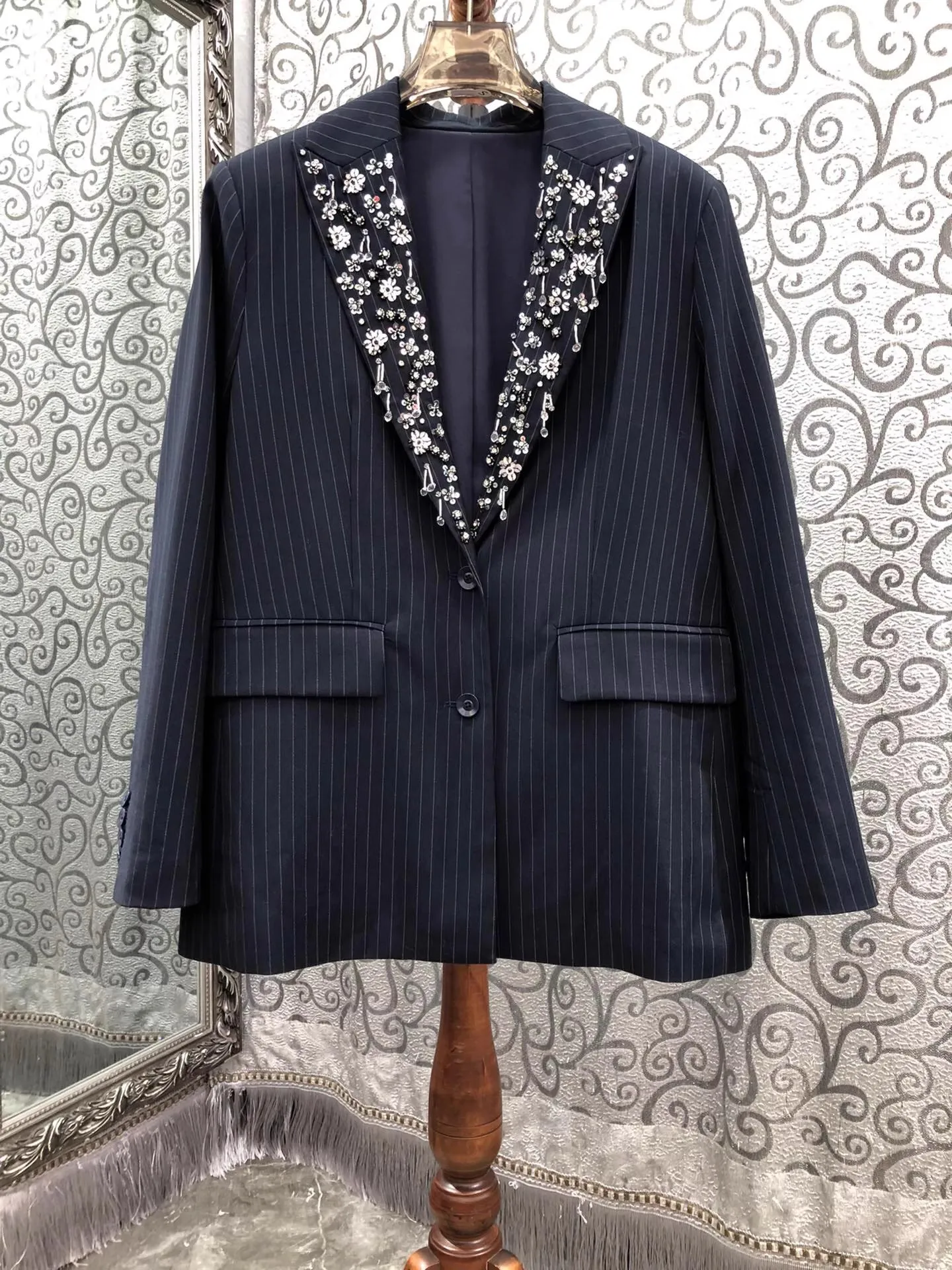 Top Quality New Blazer Coats 2025 Autumn Women Notched Collar Diamond Beading Pocket Patchwork Long Sleeve Dark Blue Blazers