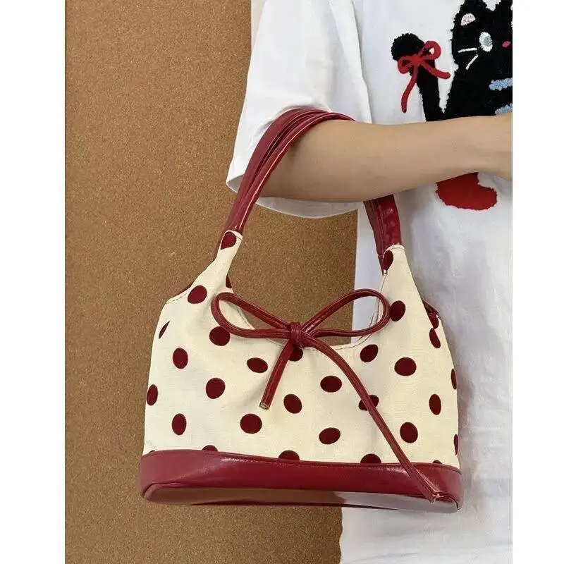

Bloom Retro Dot Red Handbag Women Versatile Bow Large Capacity Casual Shoulder Bags Ladies Sweet Cute Underarm Bag Aesthetic